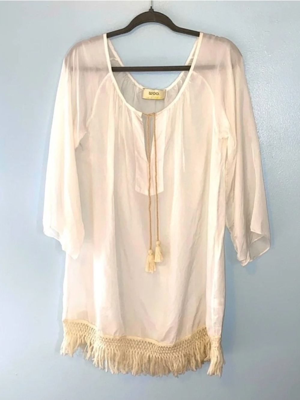 100% Cotton Cream Fringe Swim Cover-Up with Tassel Tie and Fringe Bottom Sz XL